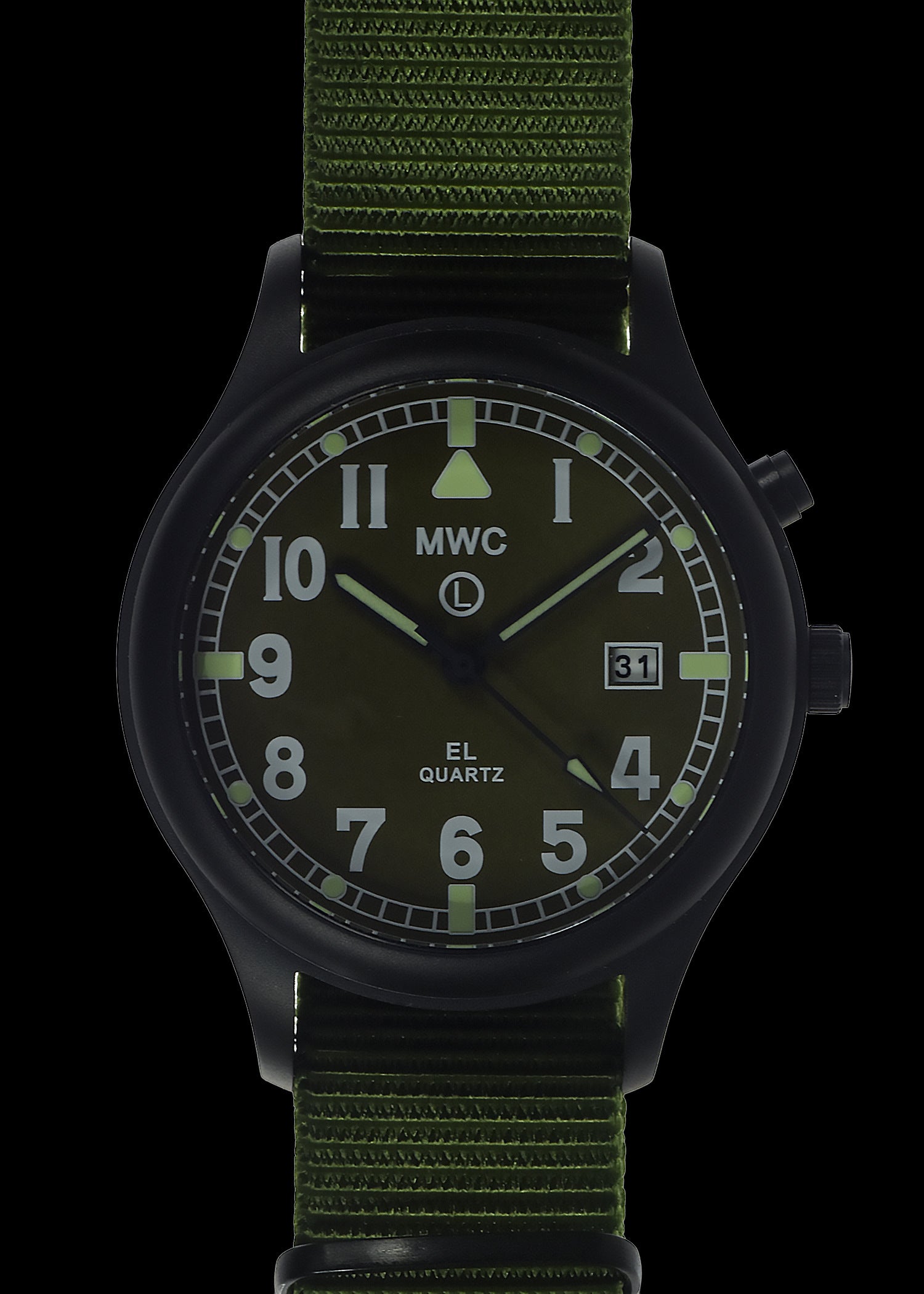 MWC G10EL Black PVD Steel General Service Watch with Olive Drab Electroluminescent (EL) Backlit Dial