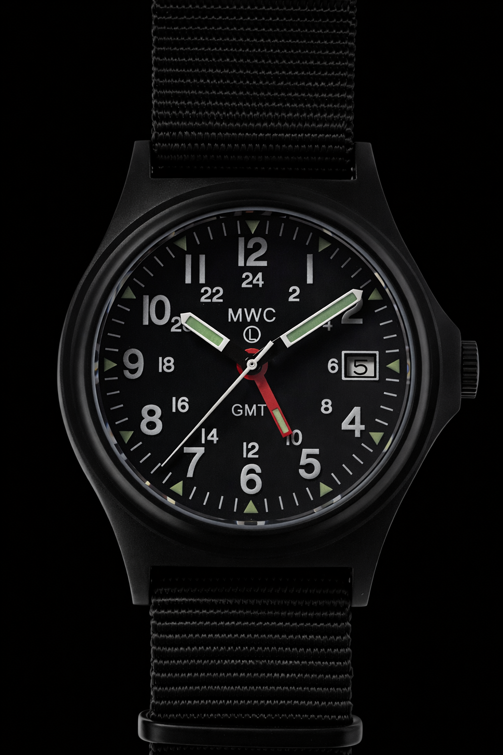 MWC GMT (Dual Time Zone) 200m/660ft Water resistant Military Watch in Black PVD Steel Case with Screw Crown