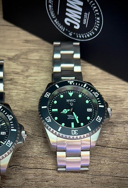 MWC 24 Jewel 300m Automatic Military Divers Watch with Sapphire Crystal and Ceramic Bezel on a Matching Stainless Steel Bracelet