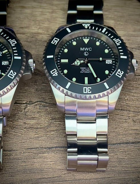 MWC 24 Jewel 300m Automatic Military Divers Watch with Sapphire Crystal and Ceramic Bezel on a Matching Stainless Steel Bracelet
