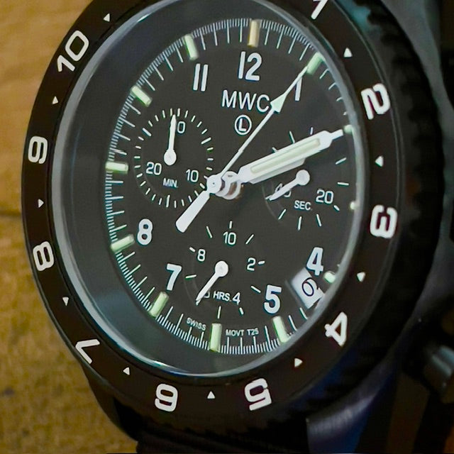 MWC NATO Pattern Stainless Steel Military Pilots Chronograph with Sapphire Crystal and Swiss Ronda Movement - 12 Hour GMT Bezel and GTLS/Tritium Illumination