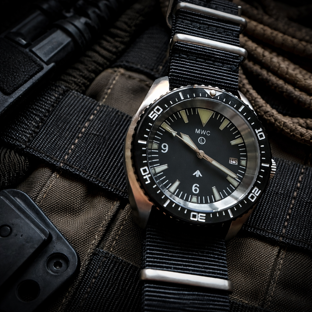 MWC Heavy Duty 300m Military Divers Watch in Stainless Steel Case (Quartz) with Sapphire Crystal and Ceramic Bezel (Solid Bar Version)