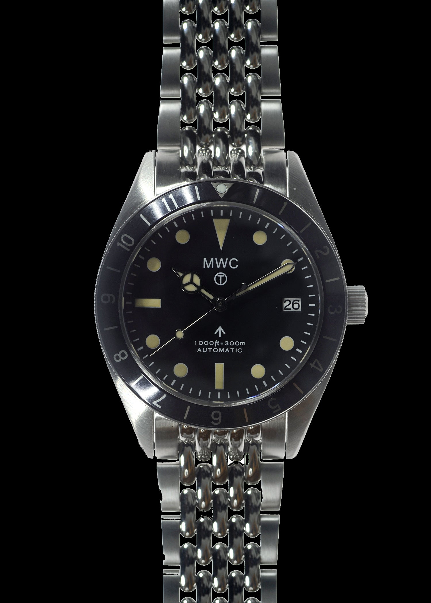 MWC Classic 1960s Pattern Dual Time Zone Automatic Divers Watch with Retro Luminous Paint and Sapphire Crystal on Matching Stainless Steel Bracelet - Ex Photographic Sample Reduced