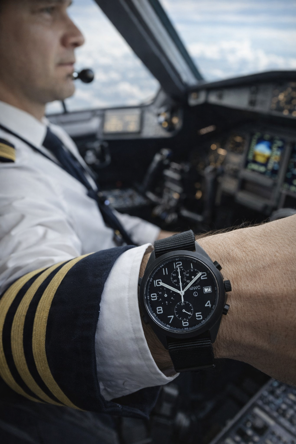 MWC Mechanical/Quartz Hybrid NATO Pattern Military Pilots Chronograph in Non Reflective Black PVD Finish with Sapphire Crystal