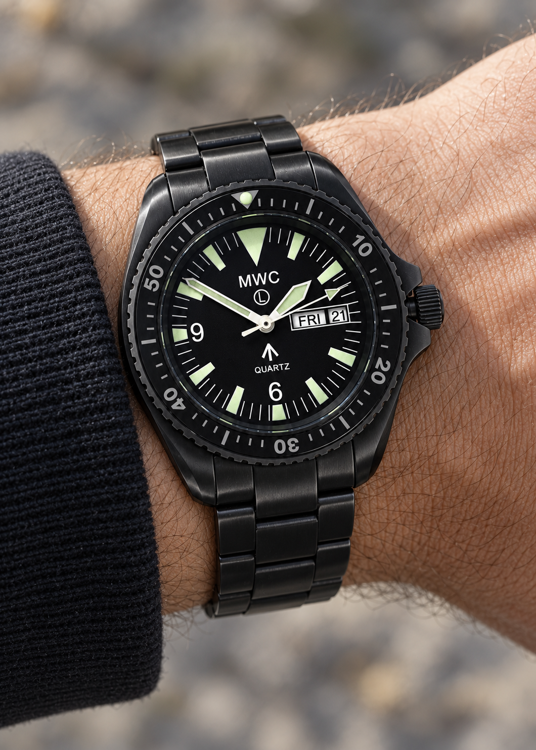 MWC 1999-2001 Pattern Quartz Day/Date Military Divers Watch with PVD Stainless Steel Case and Sapphire Crystal on a Matching Bracelet