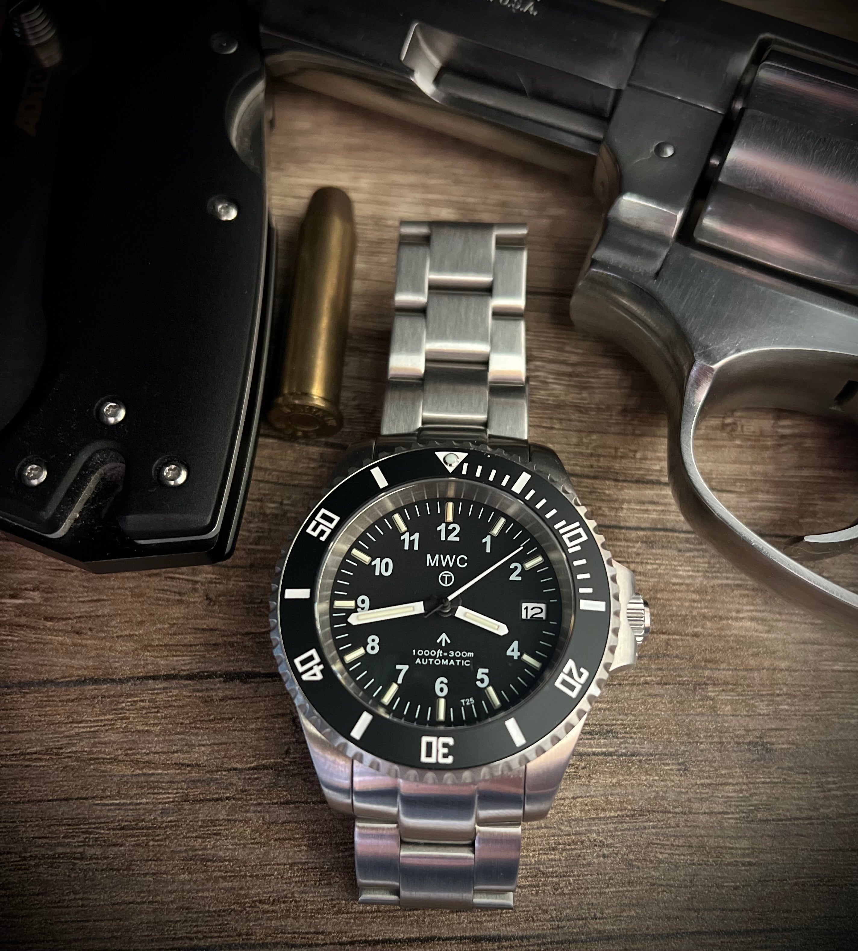 MWC 24 Jewel 300m Automatic Military Divers Watch with Tritium GTLS Illumination, Sapphire Crystal and Ceramic Bezel and Steel Bracelet