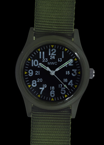 MWC G10 - Remake of the 1982 to 1999 Series Watch in Black PVD Steel with 12/24 NATO dial Pattern, Plexiglass Crystal and Battery Hatch